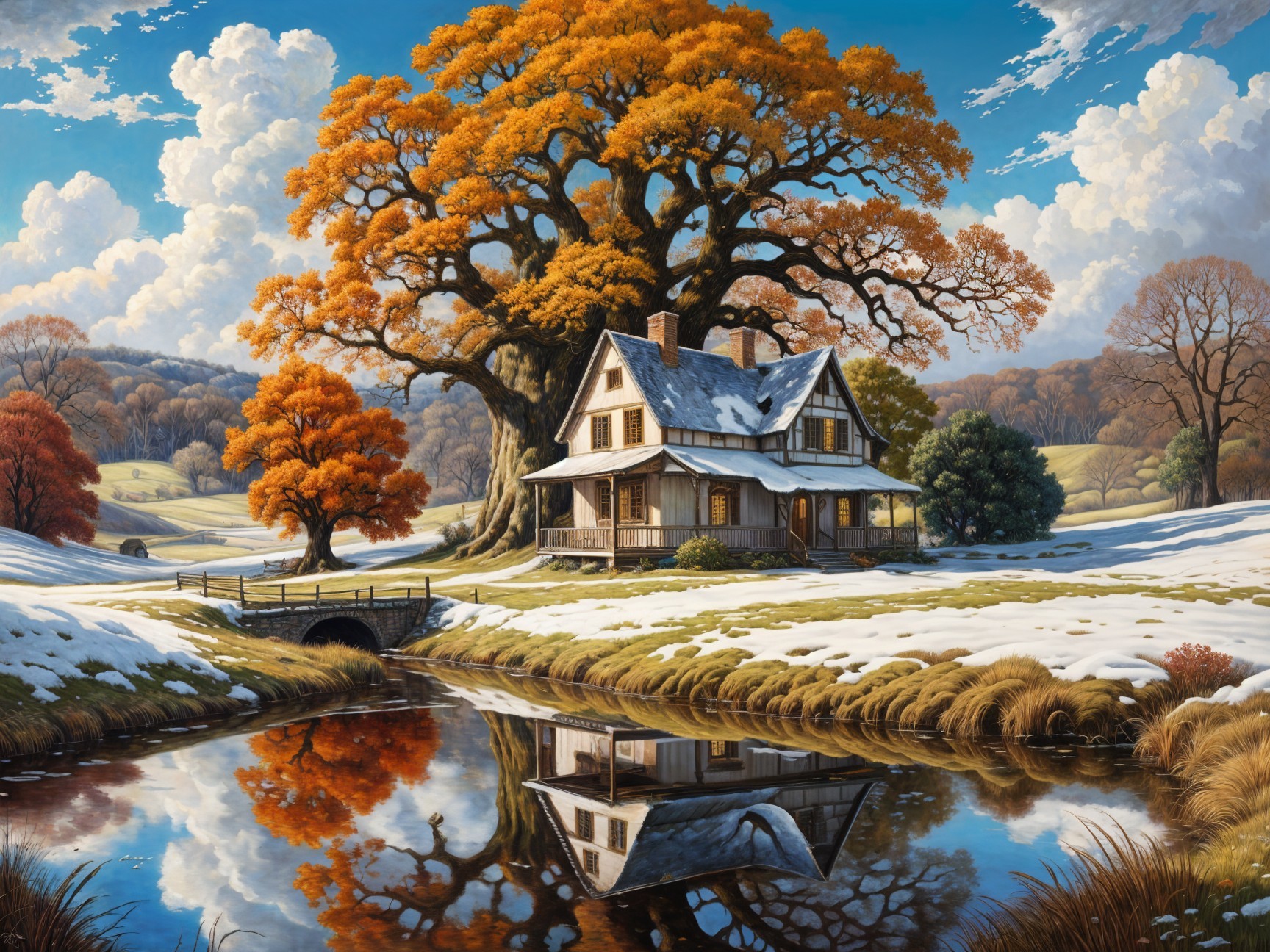 Winter Landscape with Autumn Colors and Serene Pond