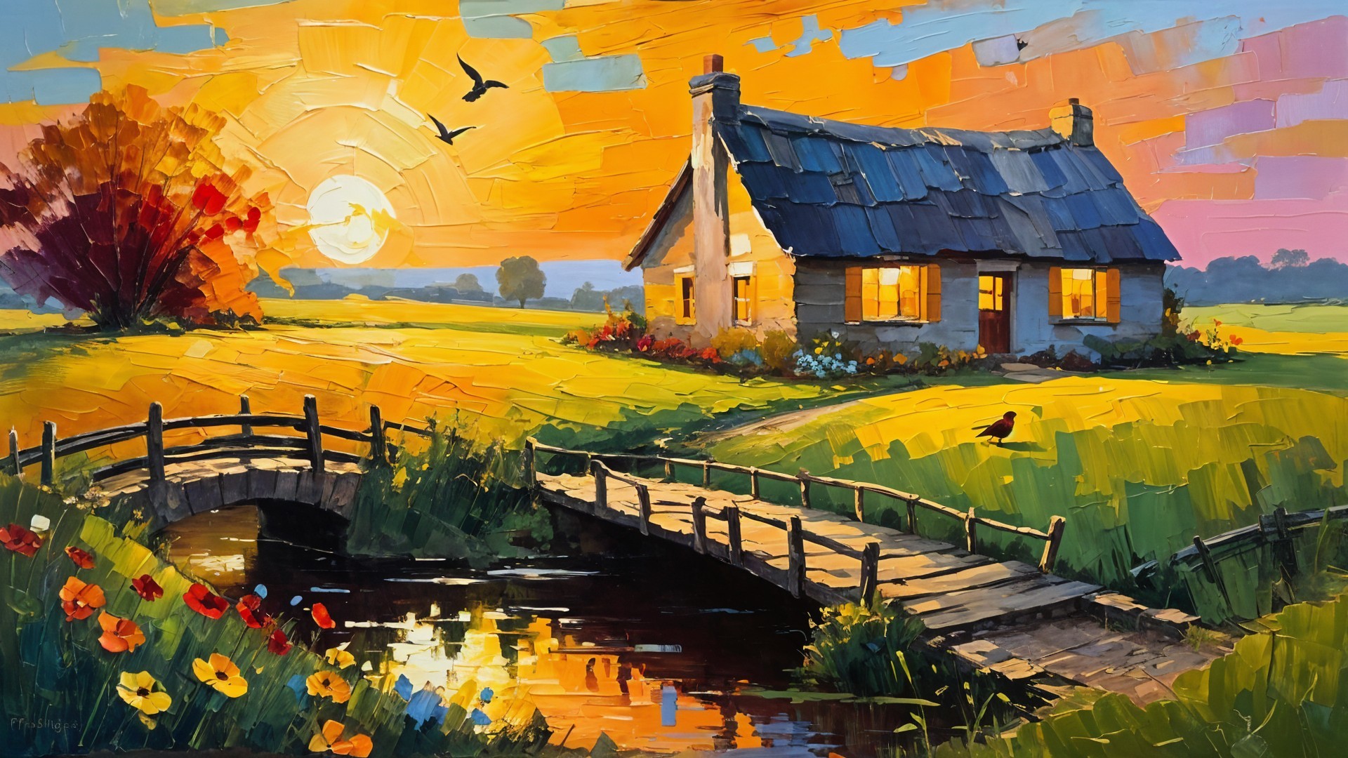 Countryside Scene with Cottage and Sunset Reflection