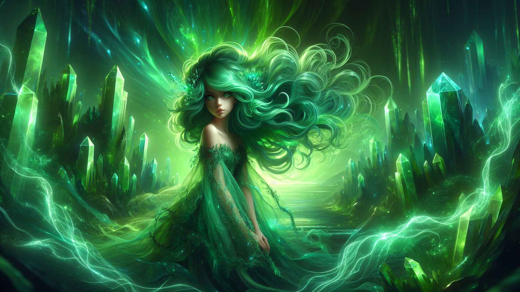Ethereal Figure in Emerald Landscape with Crystals