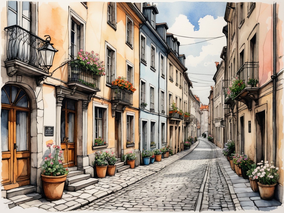 Charming Cobblestone Alleyway with Pastel Buildings
