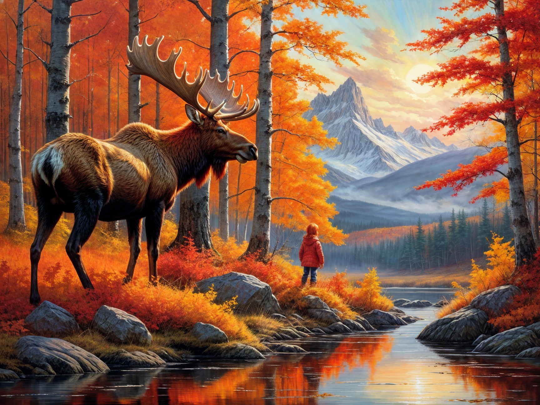 Moose by River in Vibrant Autumn Landscape
