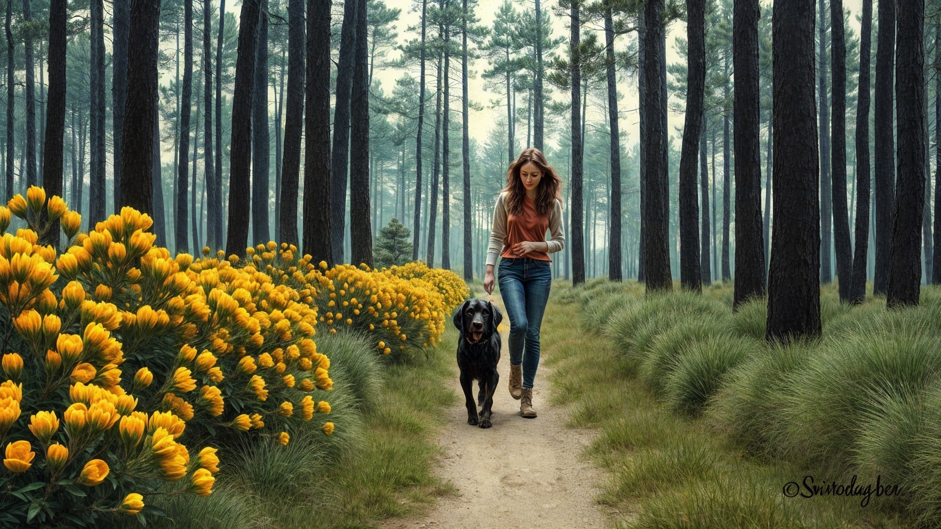 Woman and dog walking on a forest path with flowers
