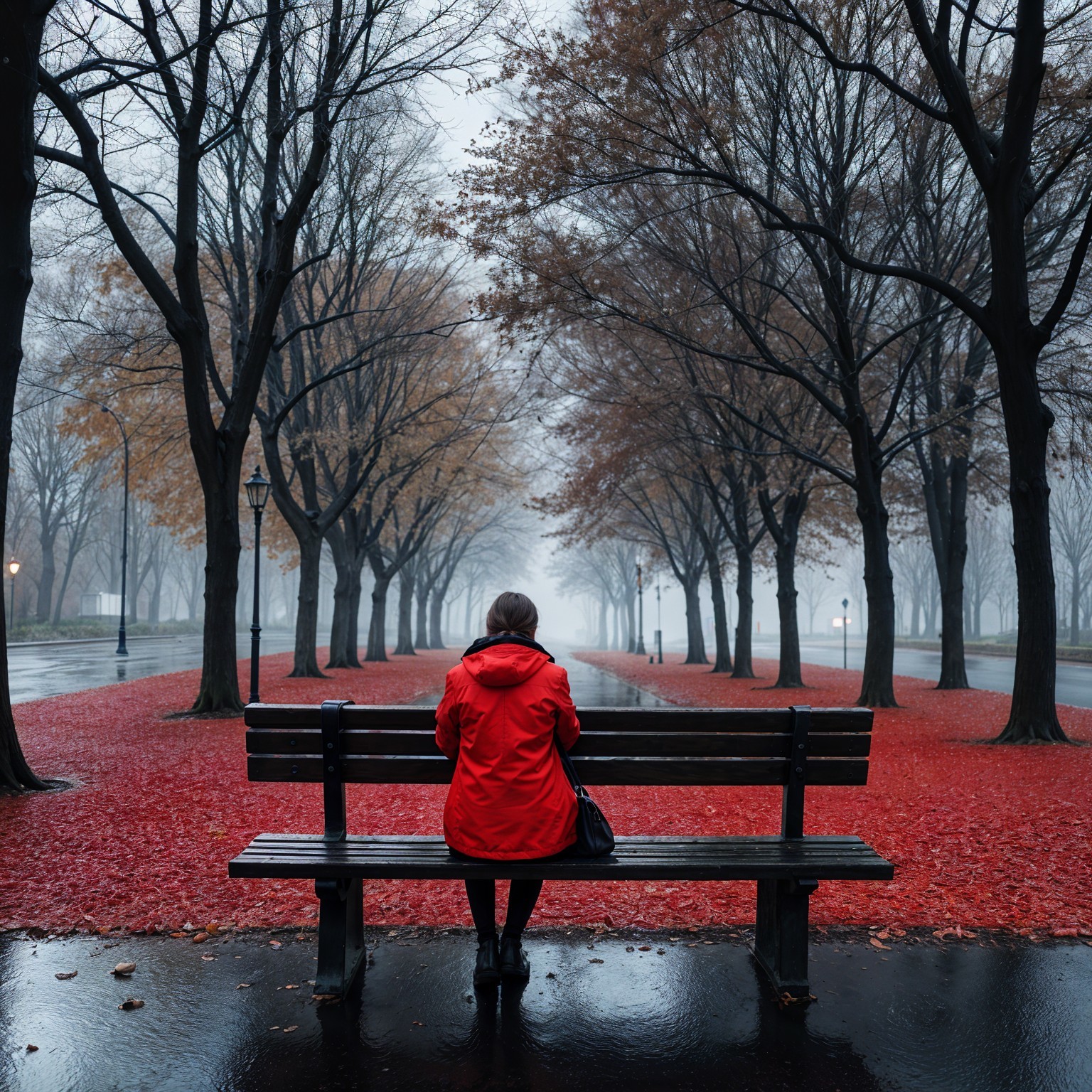 Solitary Figure in Red Coat in Foggy Park Setting