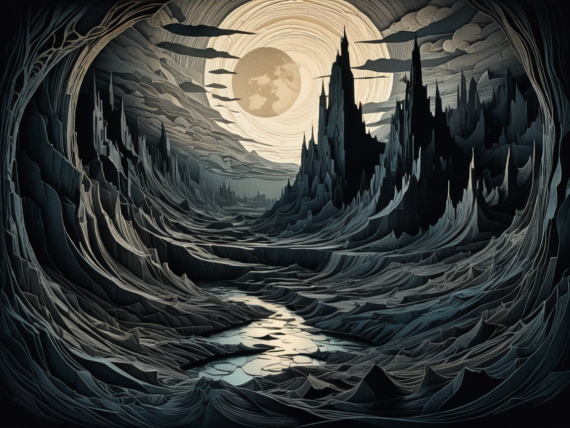 Surreal Paper-Cut Landscape with Moonlit Reflection