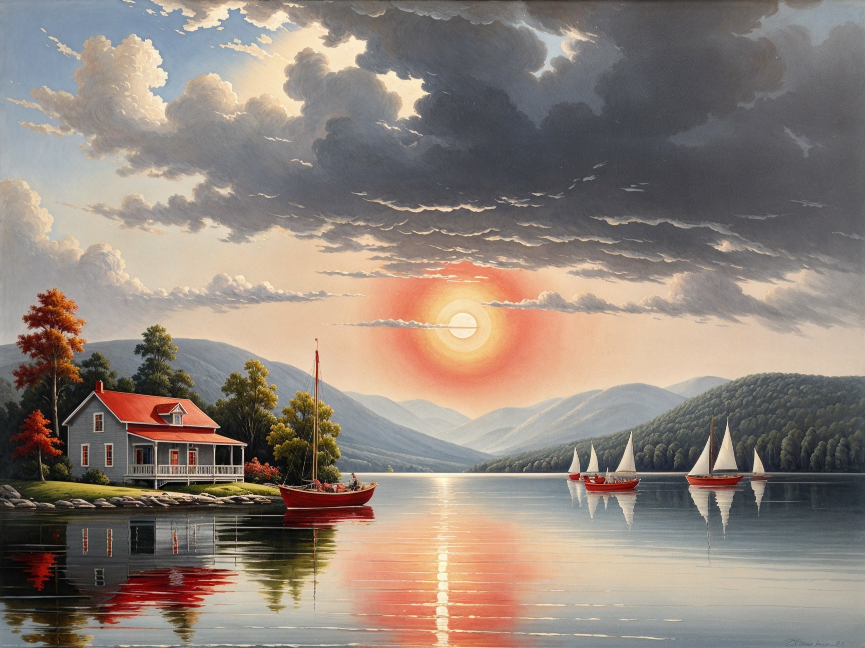 Lakeside Scene with House, Boats, and Sunset Reflections