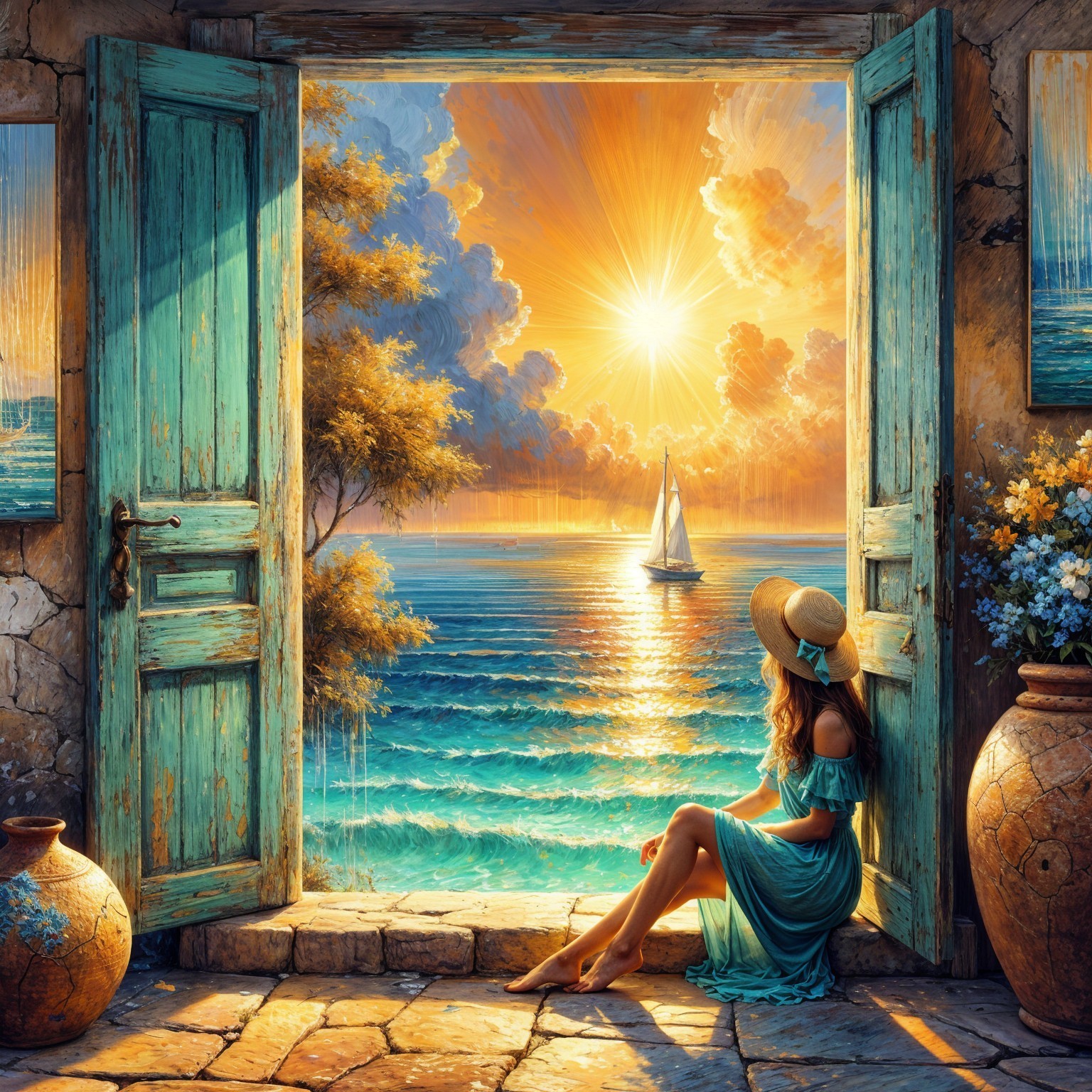 Woman by Open Door Watching Vibrant Sunset Over Water