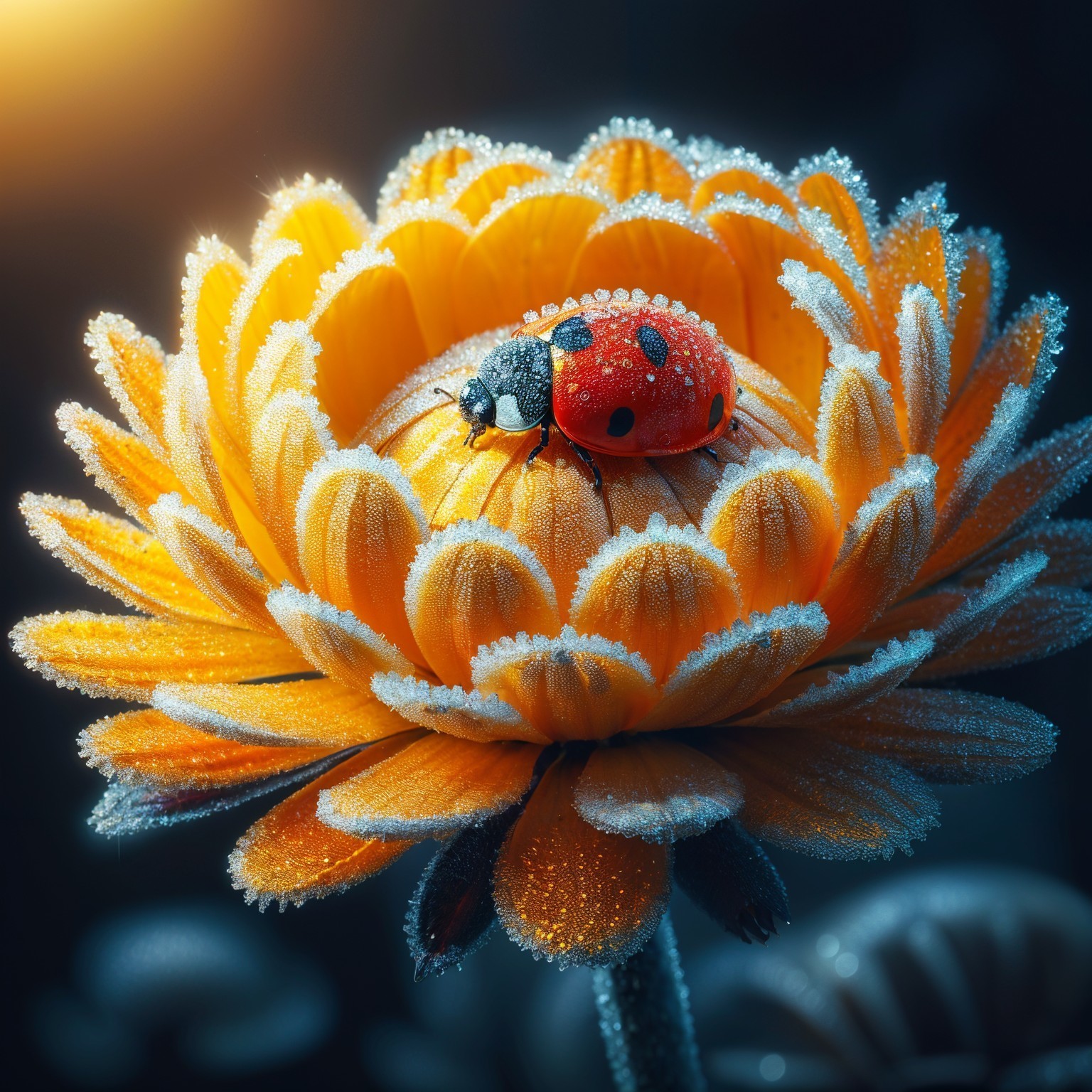 Vibrant orange flower with ladybug and frost details