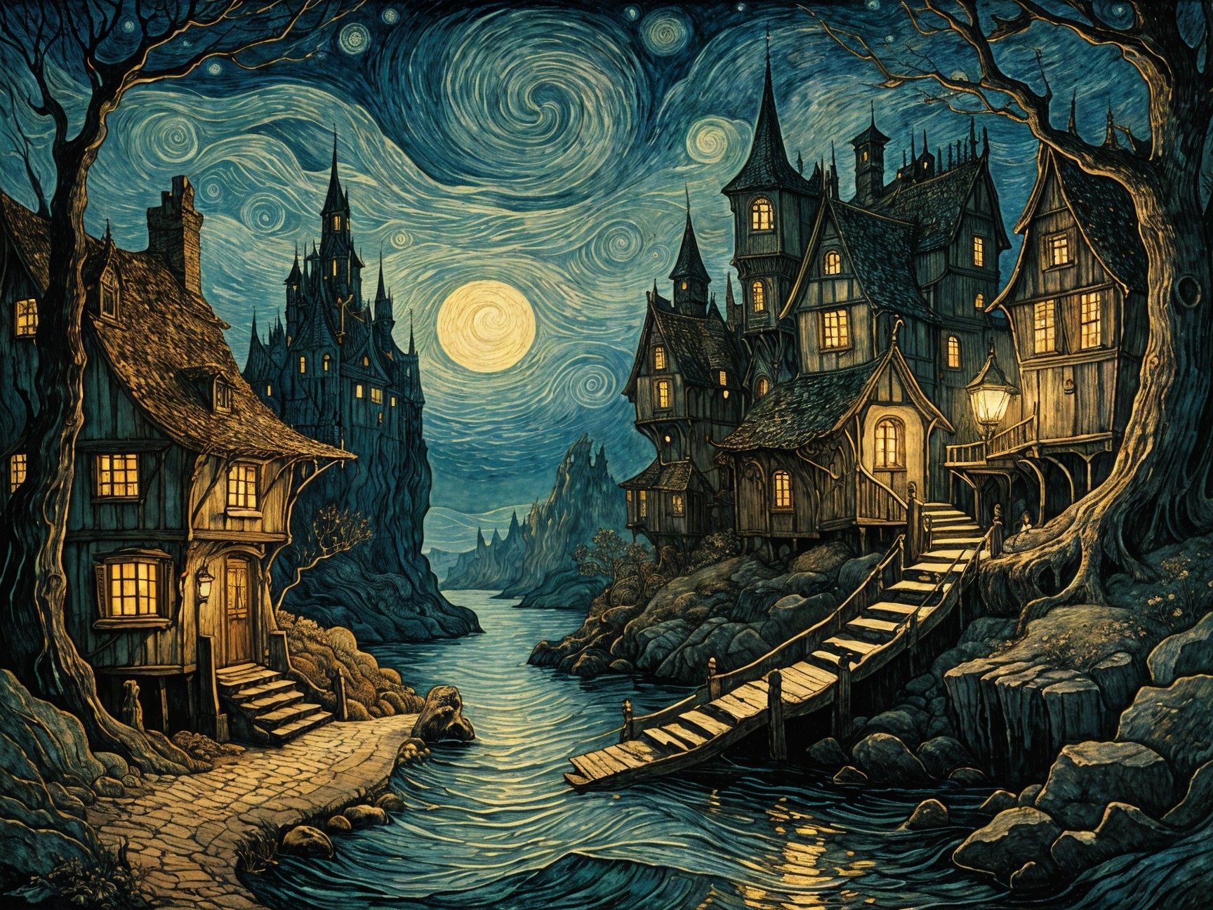 Whimsical Starry Night Scene with Cozy Houses