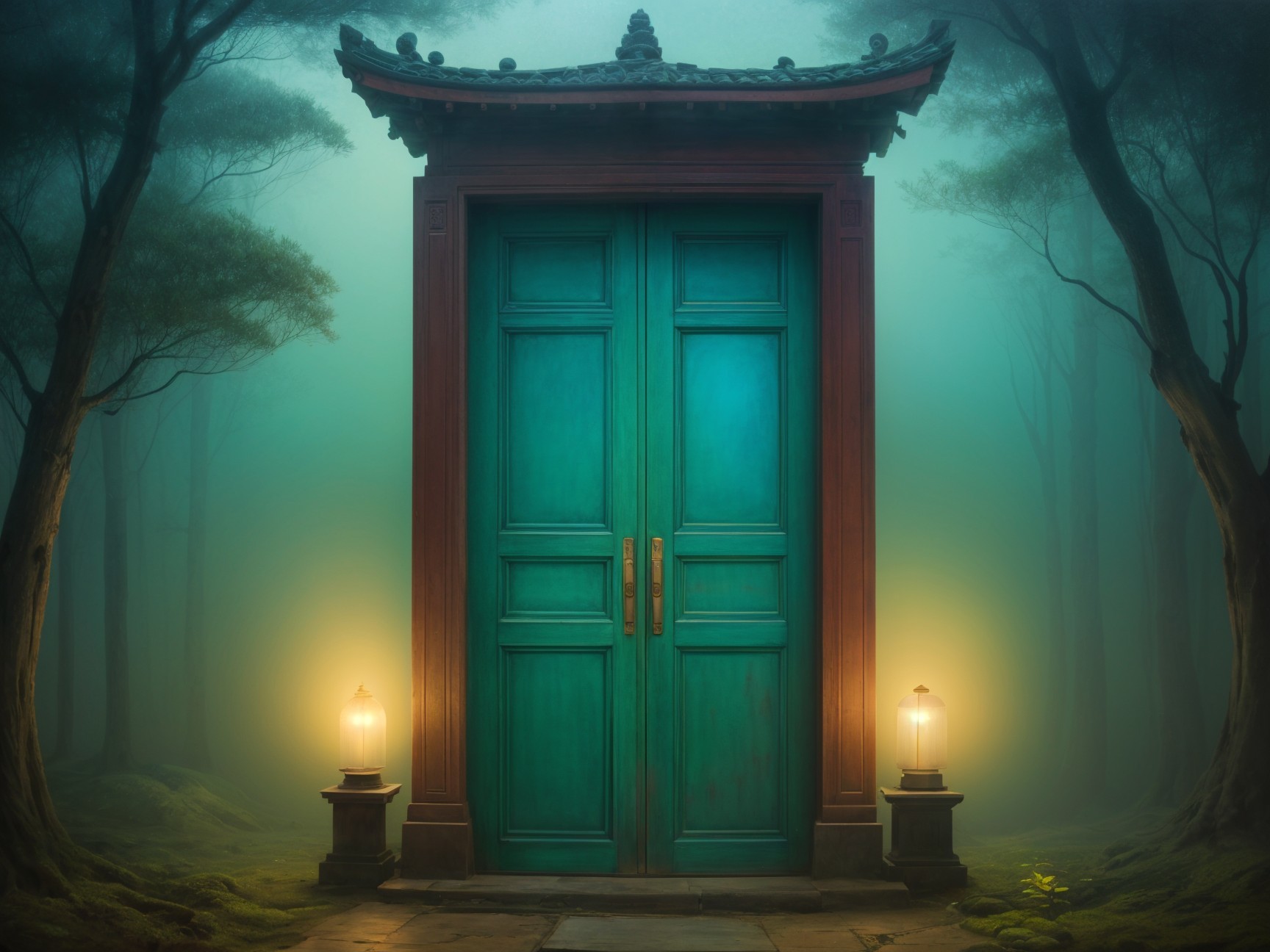Turquoise Door in Mystical Foggy Forest Setting