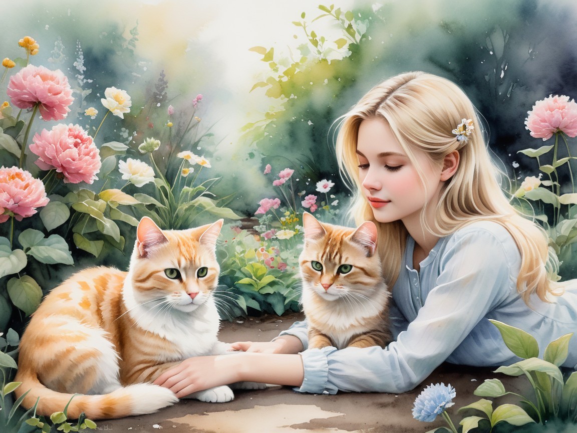 Young girl with cats in vibrant flower garden