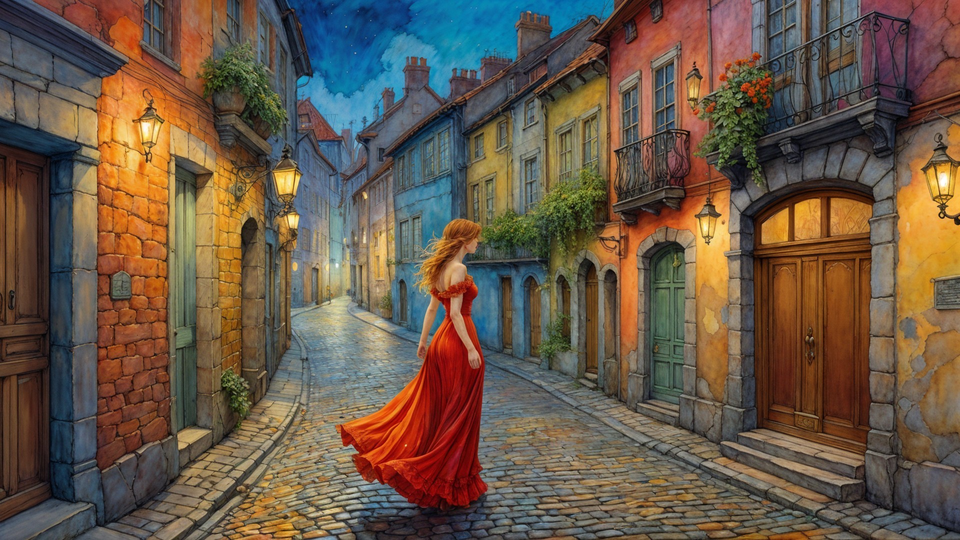 Woman in Red Dress on Cobblestone Street at Twilight