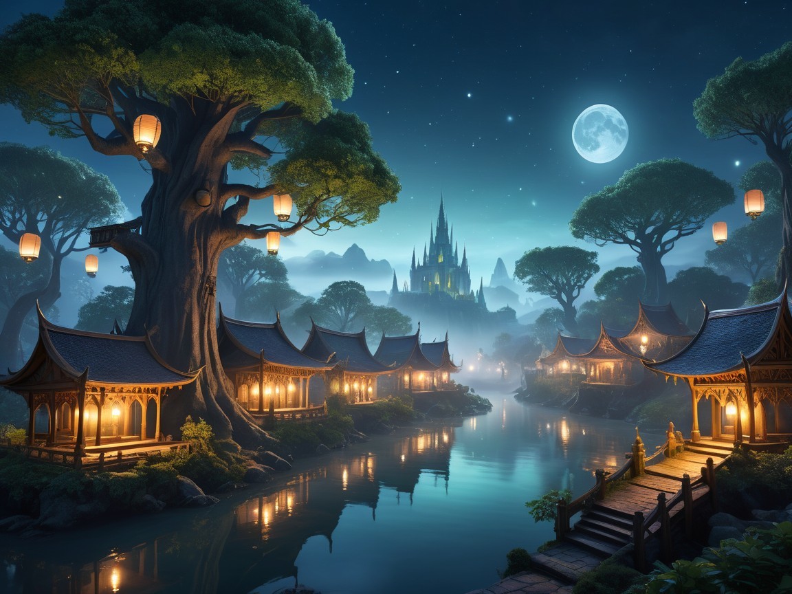 Serene Landscape with Lantern Light and Castle View