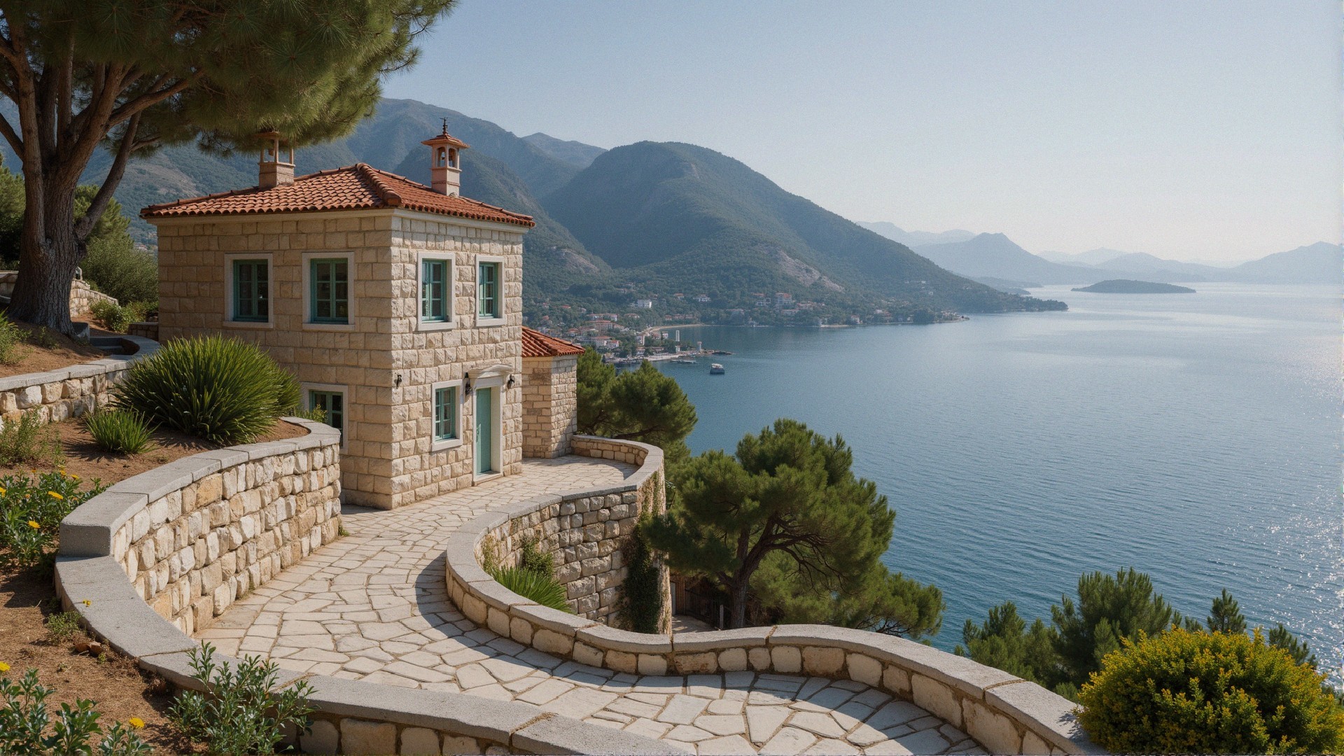 Stone House with Red Roof and Scenic Water View