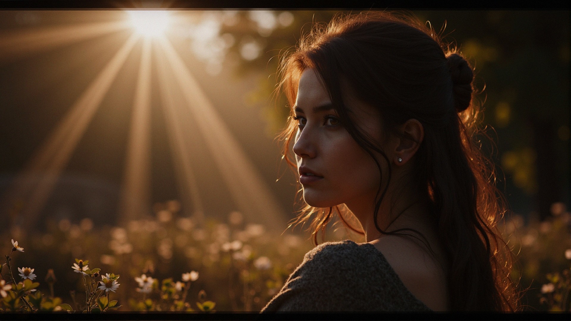 Young Woman in Sunlit Field with Flowers and Trees