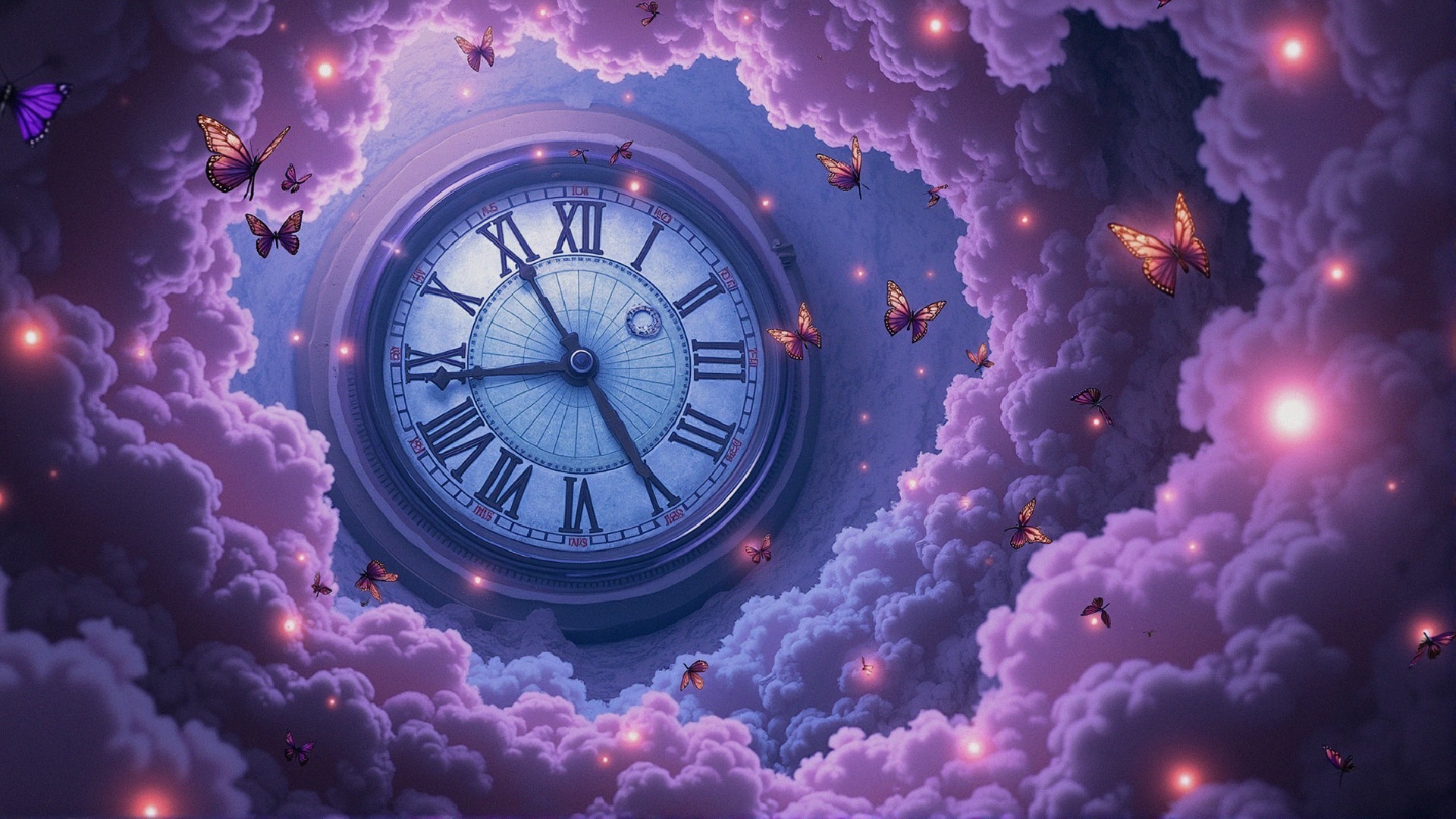 Surreal Scene with Clock and Butterflies in Clouds