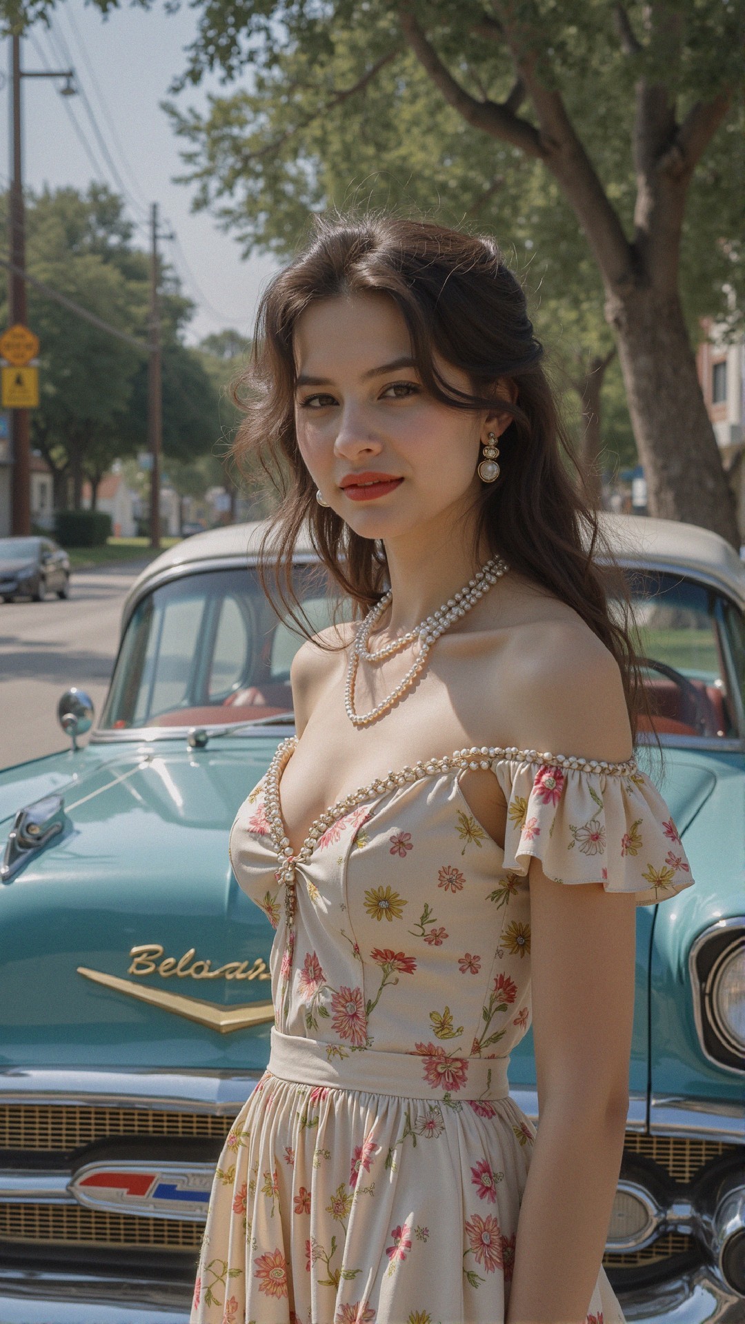 Young Woman by Vintage Turquoise Car in Floral Dress