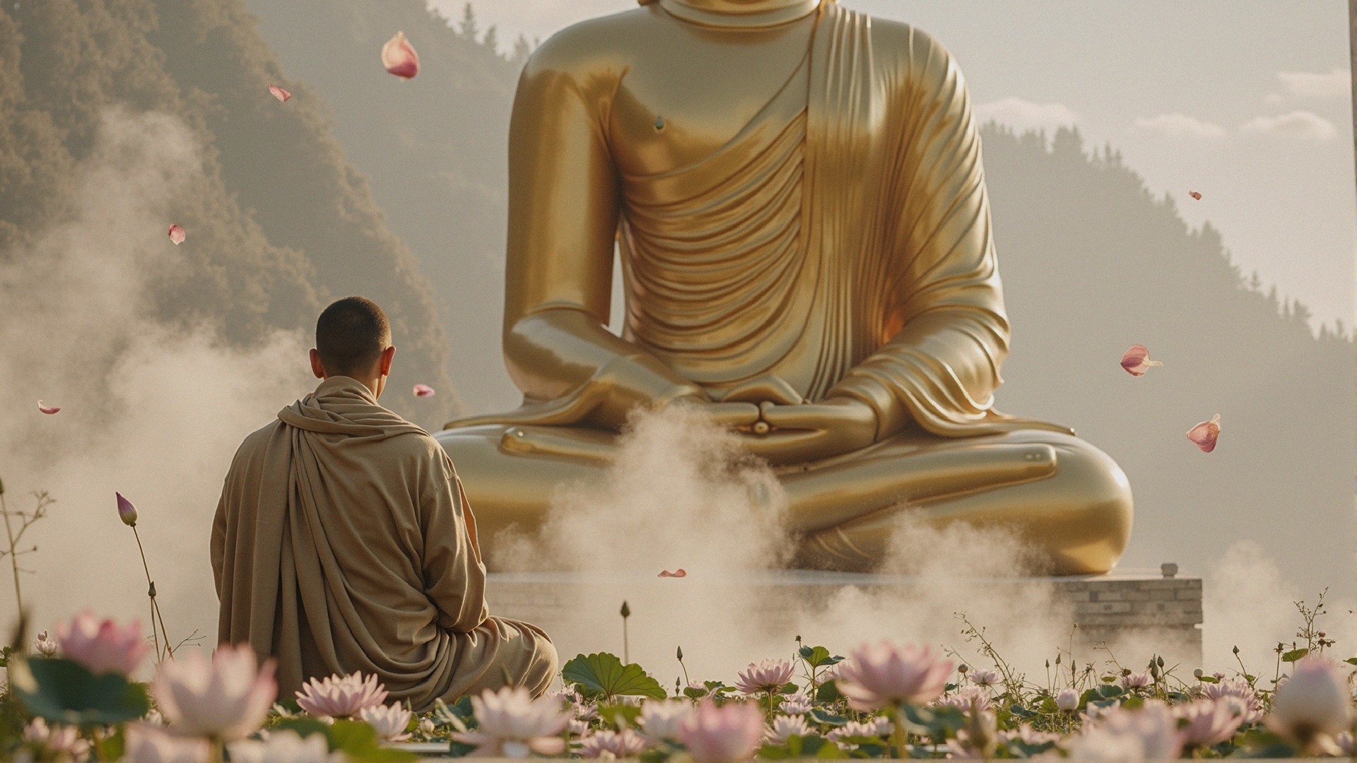 Monk Meditating Before Golden Buddha with Lotus Flowers
