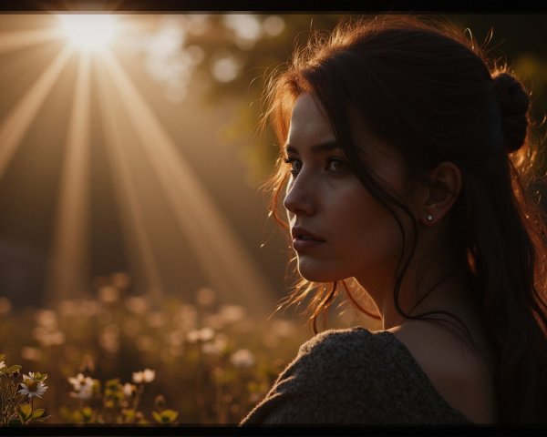Young Woman in Sunlit Field with Flowers and Trees