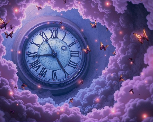 Surreal Scene with Clock and Butterflies in Clouds