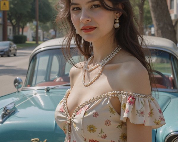 Young Woman by Vintage Turquoise Car in Floral Dress