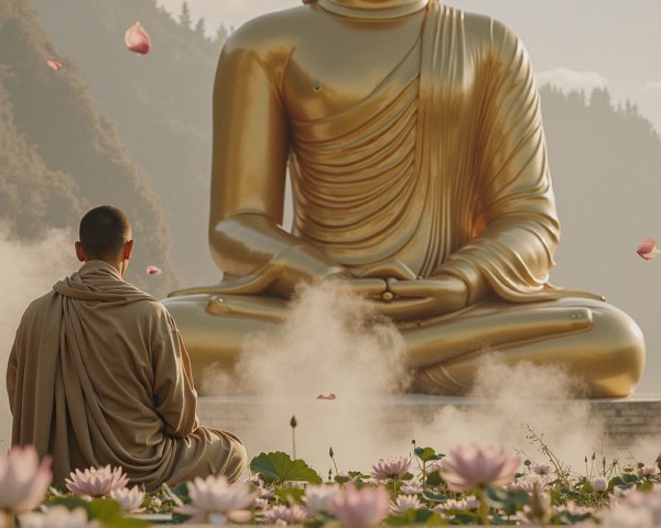 Monk Meditating Before Golden Buddha with Lotus Flowers