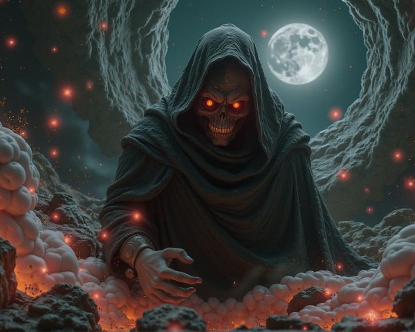 Dark Figure in Tattered Cloak with Fiery Red Eyes