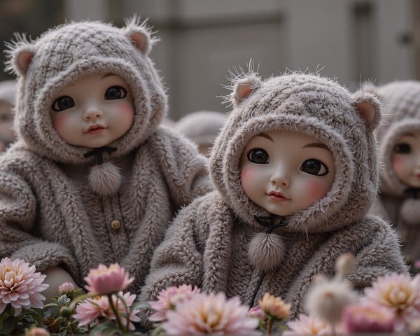 Whimsical Dolls in Bear-Themed Outfits Surrounded by Flowers