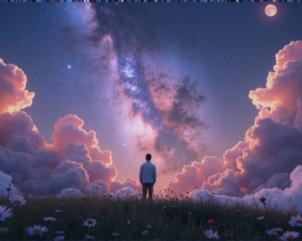 Solitary Figure in Flower Field Under Night Sky