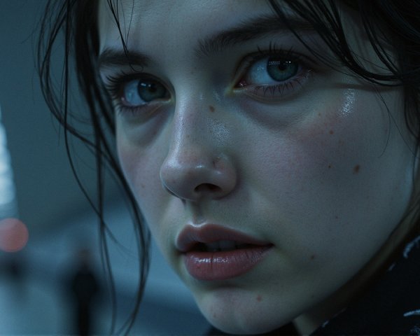 Close-up of a young woman with blue eyes and damp skin