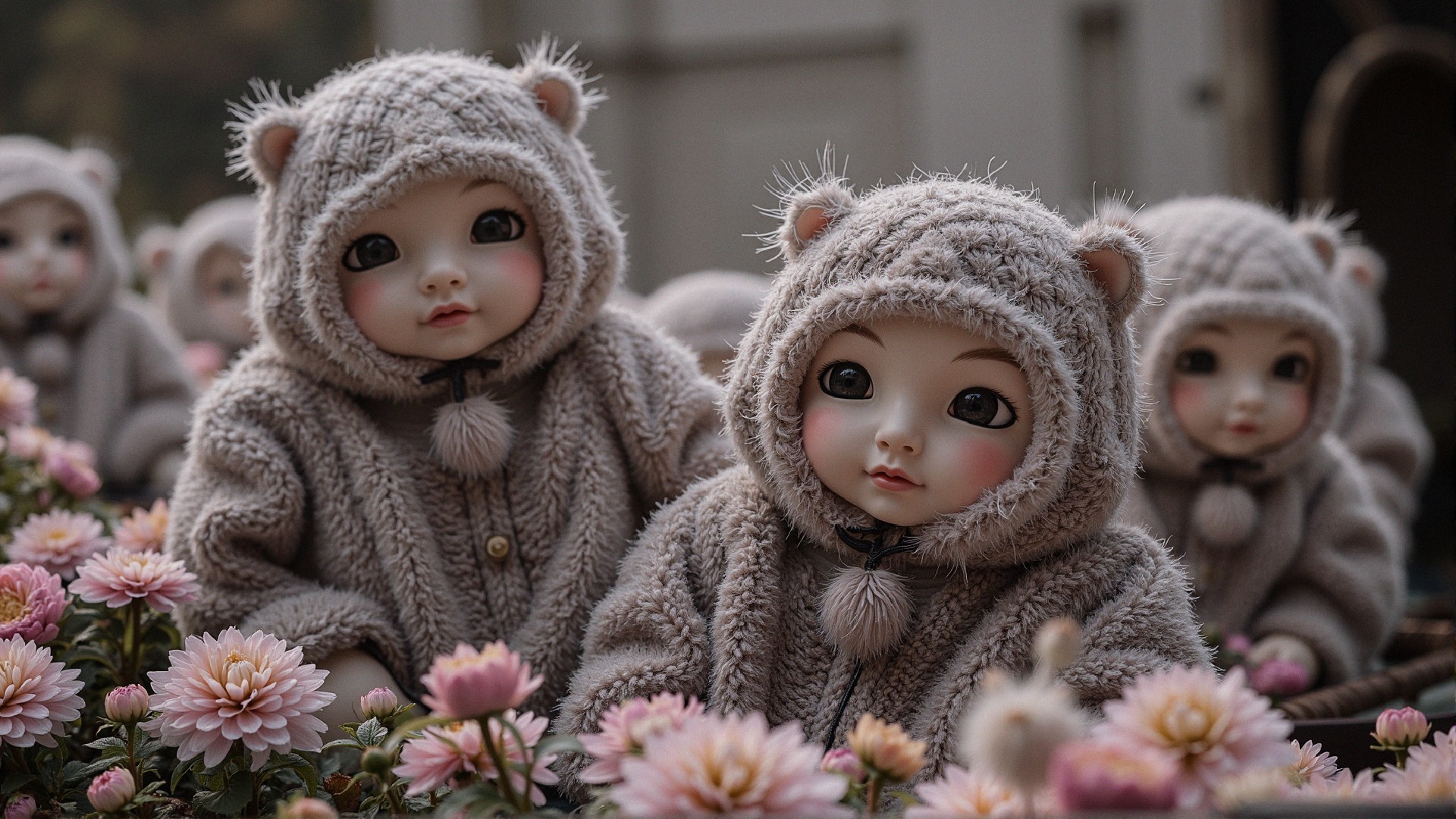 Whimsical Dolls in Bear-Themed Outfits Surrounded by Flowers