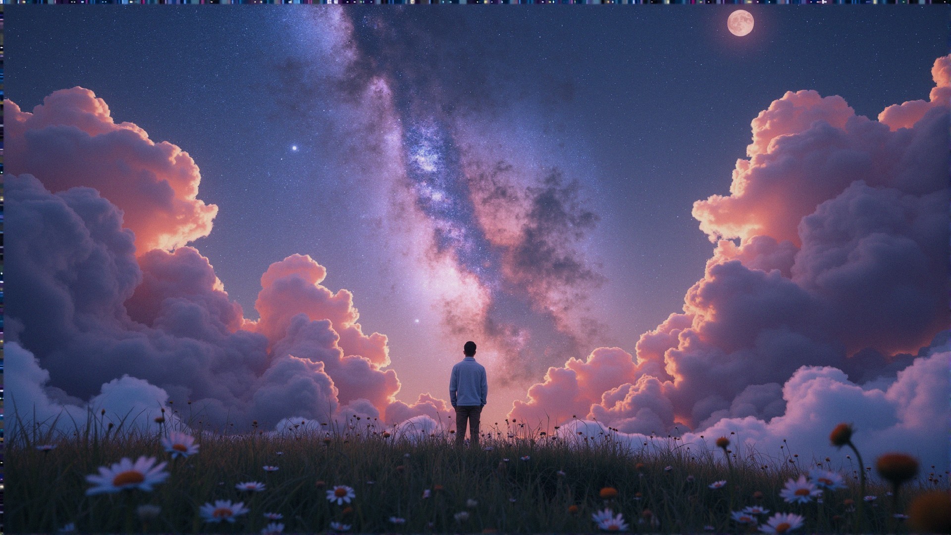 Solitary Figure in Flower Field Under Night Sky