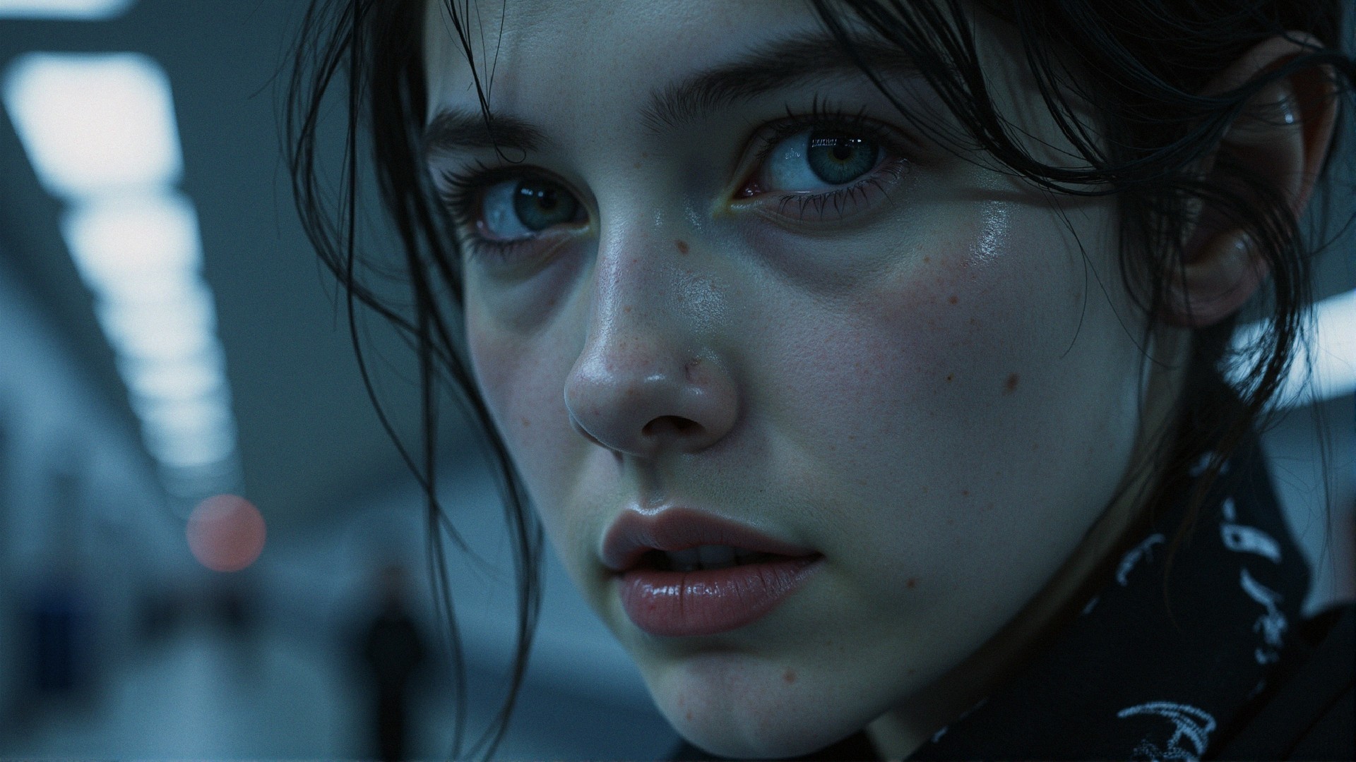Close-up of a young woman with blue eyes and damp skin