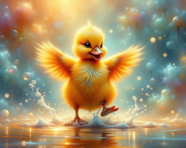 Fluffy Duckling Splashing in Tranquil Waters