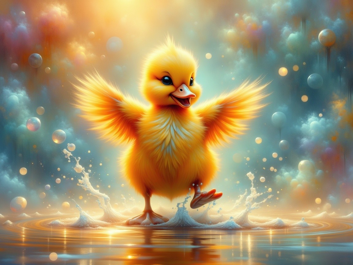 Fluffy Duckling Splashing in Tranquil Waters