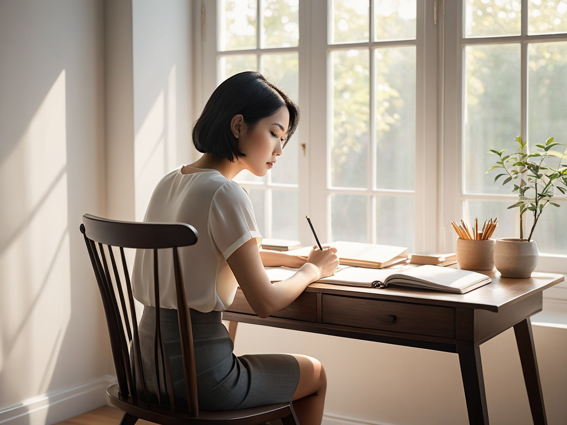 Woman Writing at a Wooden Desk in Sunlit Room