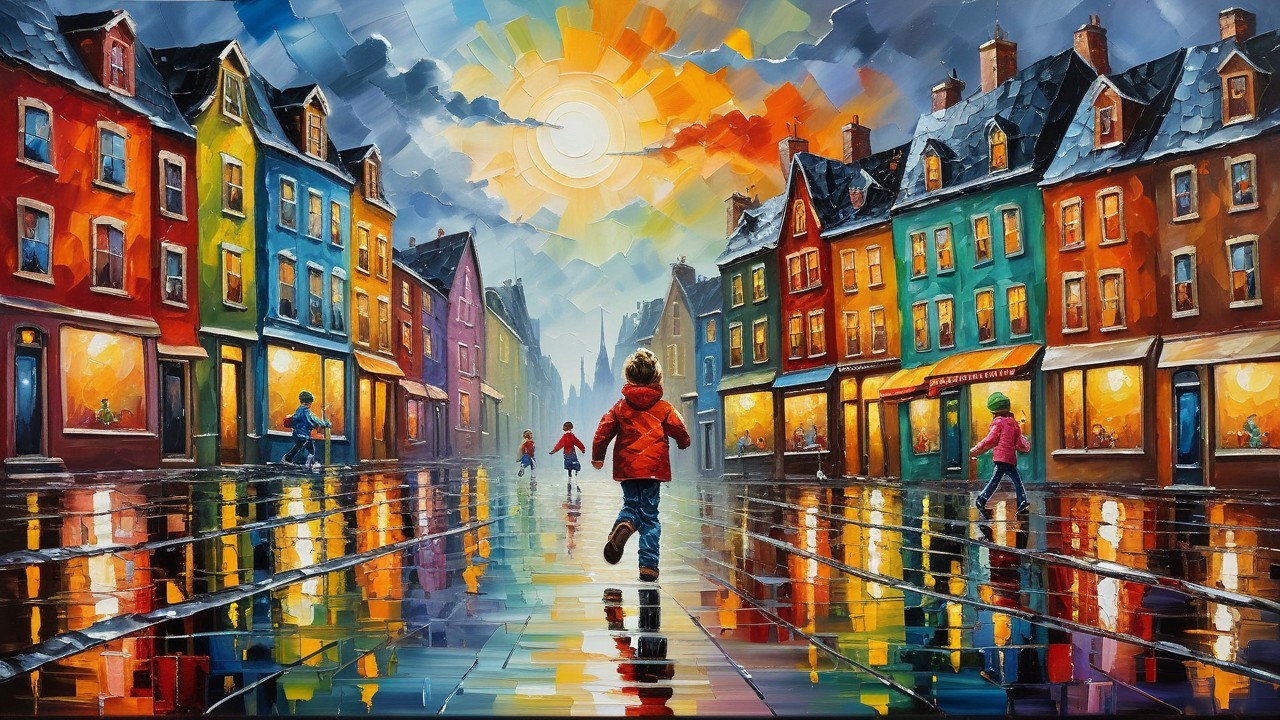 Vibrant Street Scene with Colorful Houses and Sky