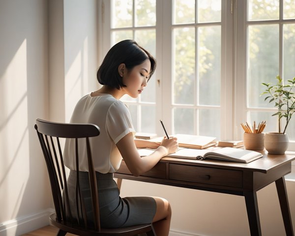 Woman Writing at a Wooden Desk in Sunlit Room