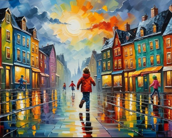 Vibrant Street Scene with Colorful Houses and Sky