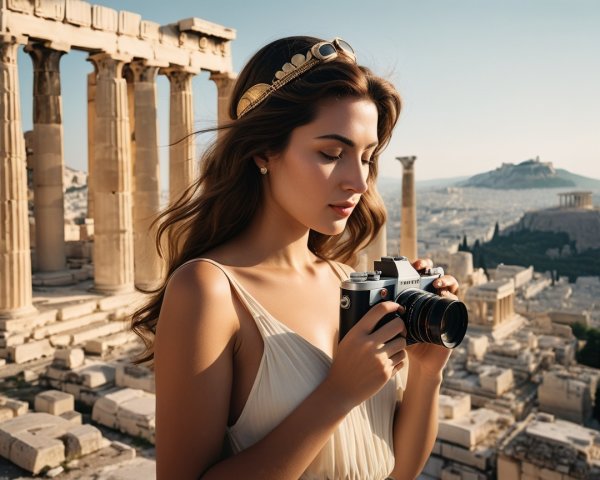 Young Woman by Ancient Greek Columns at Acropolis