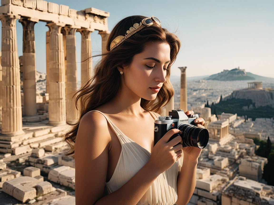 Young Woman by Ancient Greek Columns at Acropolis