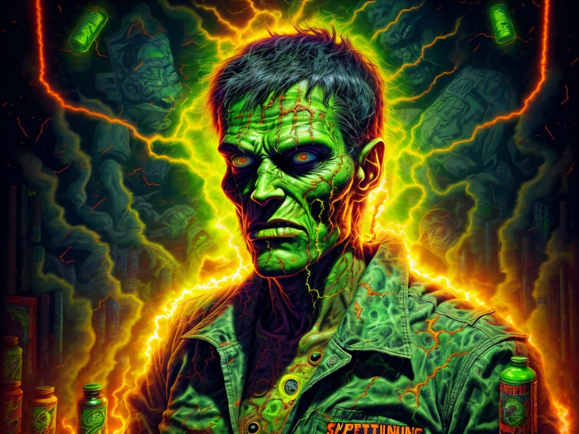 Eerie Portrait of Green-Skinned Zombie Figure