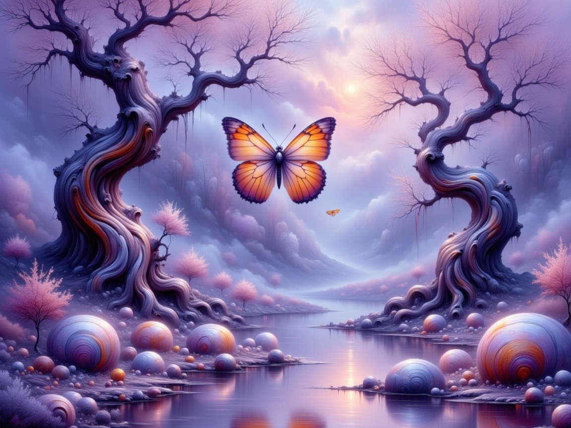 Dreamlike Landscape with Twisted Trees and River