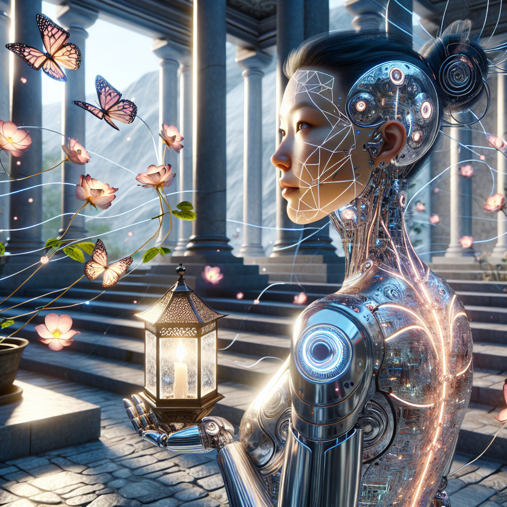 Futuristic Robot Among Nature and Classical Columns