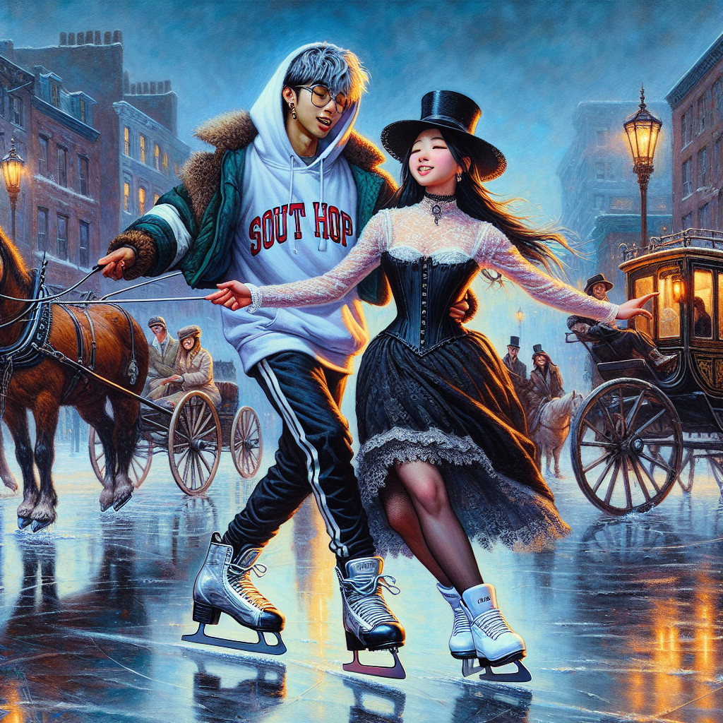 Stylish Couple Ice Skating in a Vintage City Scene