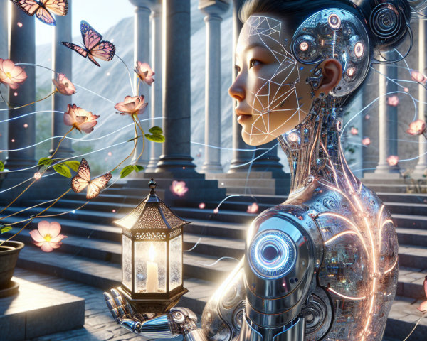 Futuristic Robot Among Nature and Classical Columns