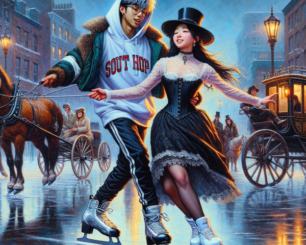 Stylish Couple Ice Skating in a Vintage City Scene