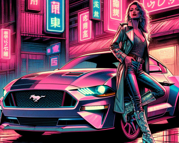 Stylish Woman with Mustang in Neon-Lit Alley