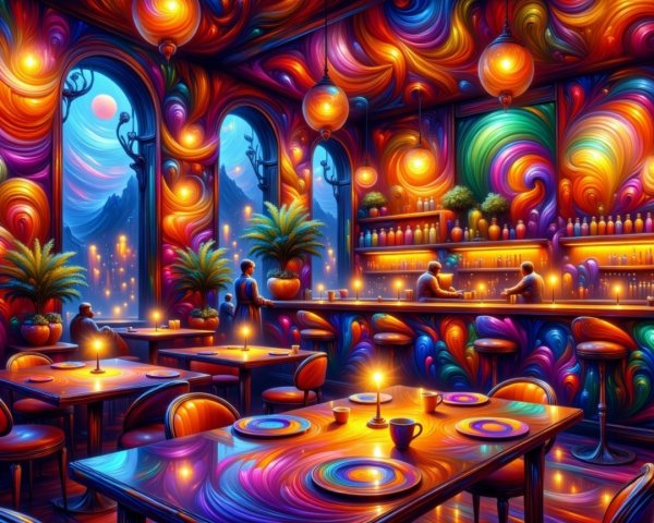 Surreal Bar Scene with Colorful Decor and Atmosphere