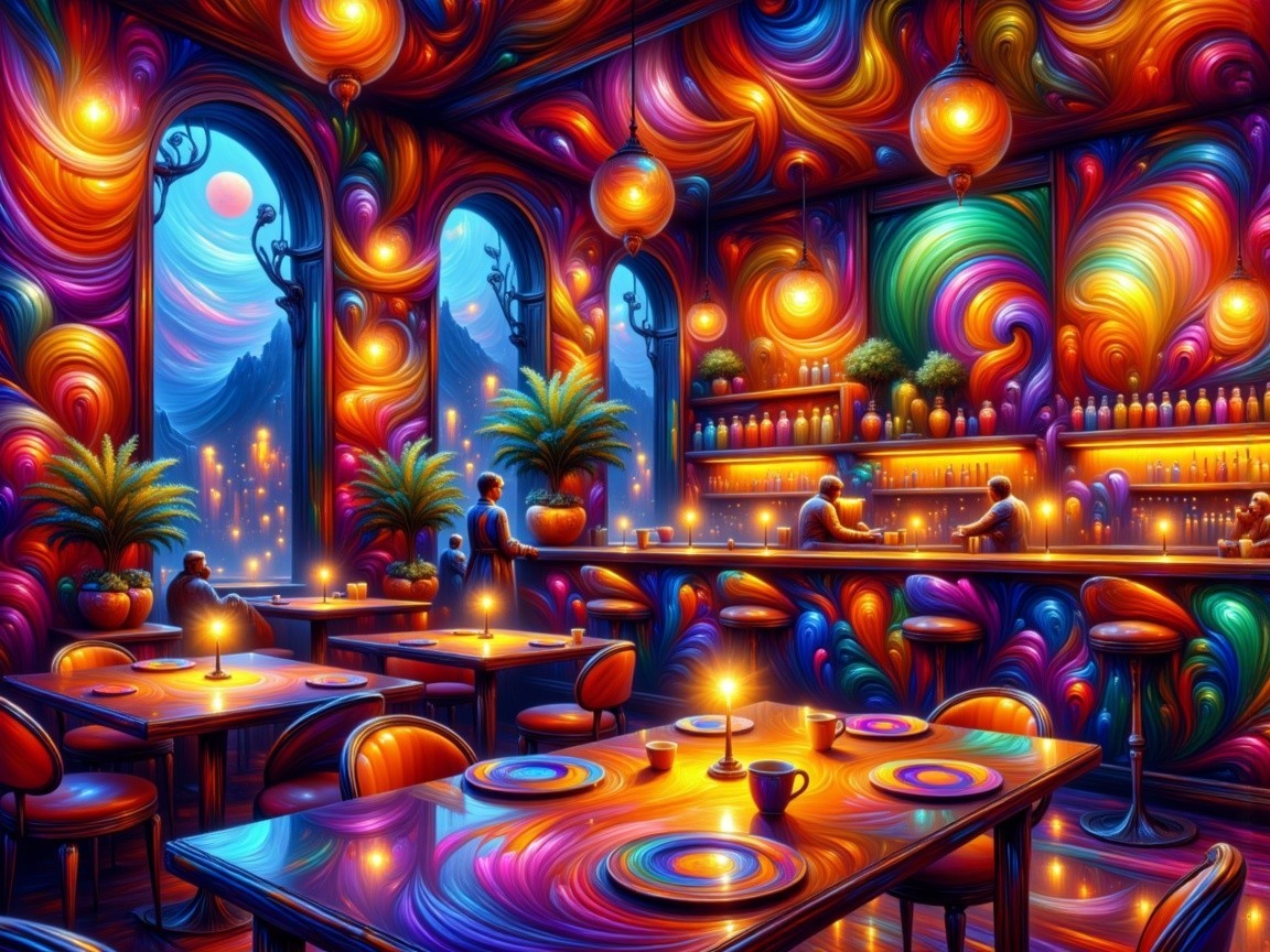 Surreal Bar Scene with Colorful Decor and Atmosphere