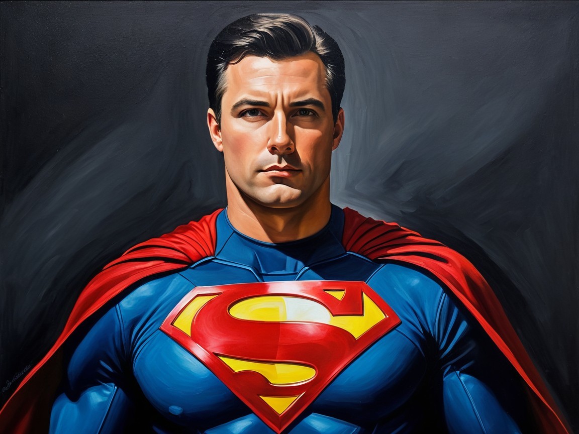 Heroic figure in blue and red costume with cape